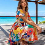 Multicolor Floral Print Deep V Neck Flutter Sleeve Midi Dress