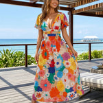 Multicolor Floral Print Deep V Neck Flutter Sleeve Midi Dress
