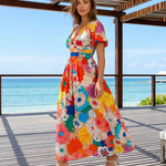 Multicolor Floral Print Deep V Neck Flutter Sleeve Midi Dress