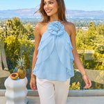 Blue Flower Halter Neck Cascading Ruffle Chiffon Cami Top