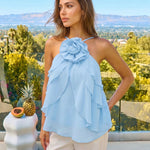 Blue Flower Halter Neck Cascading Ruffle Chiffon Cami Top