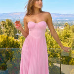 Pink Pleated Strapless Sweetheart Neck Maxi Dress