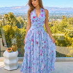 Blue Multicolor Floral Print Halter Neck Tiered Ruffled Maxi Dress
