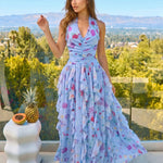 Blue Multicolor Floral Print Halter Neck Tiered Ruffled Maxi Dress