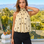 Beige Brown Polka Dot High Neck Halter Sleeveless Cropped Top
