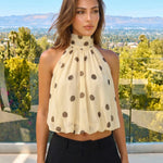 Beige Brown Polka Dot High Neck Halter Sleeveless Cropped Top