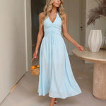 Light Blue Halter V Neck Drawstring Ruched Flowy Midi Dress