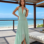 Mint Green Halter Cowl Neck Heart Buckle Maxi Dress