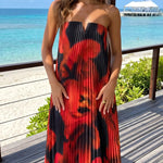 Black Red Floral Print Strapless Notched Tube Pleated Midi Dress