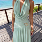 Mint Green Halter Cowl Neck Heart Buckle Maxi Dress
