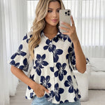 White Navy Hibiscus Floral Ruffle Short Sleeve Peplum Shirt