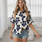White Navy Hibiscus Floral Ruffle Short Sleeve Peplum Shirt