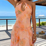 Peach Floral Halter Keyhole Asymmetric Chiffon Midi Dress