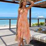 Peach Floral Halter Keyhole Asymmetric Chiffon Midi Dress