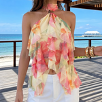 Yellow Pink Floral Print Metal Buckle Halter Ruffle Tank Top