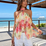 Yellow Pink Floral Print Metal Buckle Halter Ruffle Tank Top