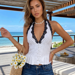 White Polka Dot Black Lace Trim Peplum Crop Top