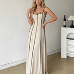 Cream Black Contrast Piping Spaghetti Strap Maxi Dress