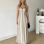 Cream Black Contrast Piping Spaghetti Strap Maxi Dress