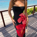 Black Red Floral Print Spaghetti Strap Maxi Dress
