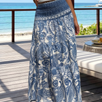 Blue Paisley Floral Smocked High Waist Tiered Maxi Skirt