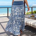 Blue Paisley Floral Smocked High Waist Tiered Maxi Skirt