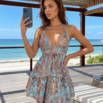Vintage Paisley Print Halter Deep V Tiered Mini Dress