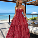 Red Paisley Striped Halter V Metal Ring Maxi Dress