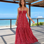 Red Paisley Striped Halter V Metal Ring Maxi Dress