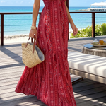 Red Paisley Striped Halter V Metal Ring Maxi Dress