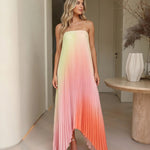 Multicolor Gradient Strapless Pleated Asymmetric Maxi Dress
