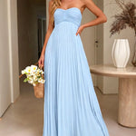 Light Blue Choker Halter Sweetheart Pleated Maxi Dress