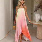 Multicolor Gradient Strapless Pleated Asymmetric Maxi Dress