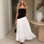 Black White Color Block Strapless Pleated Midi Dress
