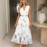 White Blue Floral Print Sleeveless V Neck Pleated Midi Dress
