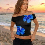Black Hibiscus Print Off-Shoulder Short Sleeve T-Shirt