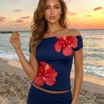 Black Hibiscus Print Off-Shoulder Short Sleeve T-Shirt