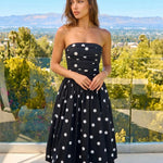 Black White Polka Dot Print Strapless Midi Dress