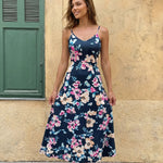 Dark Floral Print V-Neck Spaghetti Strap Maxi Dress