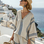 Isla Rafferty | Linen Striped V-Neck Top & Shorts Set For Women