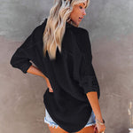 Zeagoo Solid Color V Neck Long Sleeve Button Down Blouse with Pockets