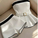 White Trim Strapless Belted Peplum Two-Piece Short Set