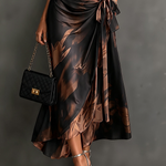Brown Black Abstract Print Wrap Midi Dress Collared V Neck Short Sleeve Tie Waist Ruffled High‑Low Hem Dress