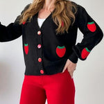 Zeagoo Women's Casual Two Pieces Sets Strawberry Pattern Sweater Cardigan and Long Pants