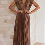Elegant Satin Pleated V-neck Flowing Midi Dress