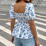 White Blue Rose Floral Print Square Neck Short Puff Sleeve Blouse