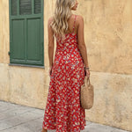 Red Floral Print V-Neck Spaghetti Strap Maxi Dress