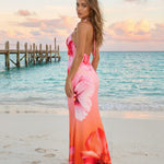 Pink Orange Floral Print Halter Neck Bodycon Maxi Dress
