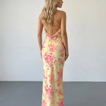 Yellow Floral Print Criss Cross Backless Maxi Dress
