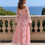 Pink 3D Floral Lace Square Neck Puff Sleeve Midi Dress